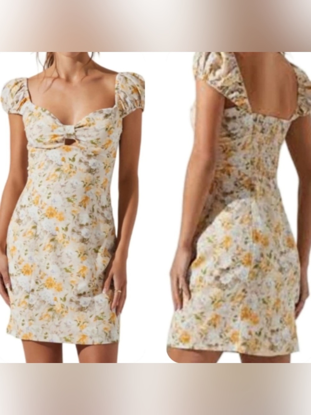 Astr Floral Puff-Sleeve Mini Dress in Yellow & Cream